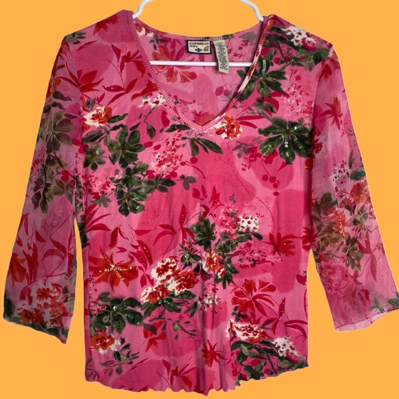 Caribbean Joe Tops - Y2k Caribbean Joe Pink Floral Top with sequins and mesh sleeves